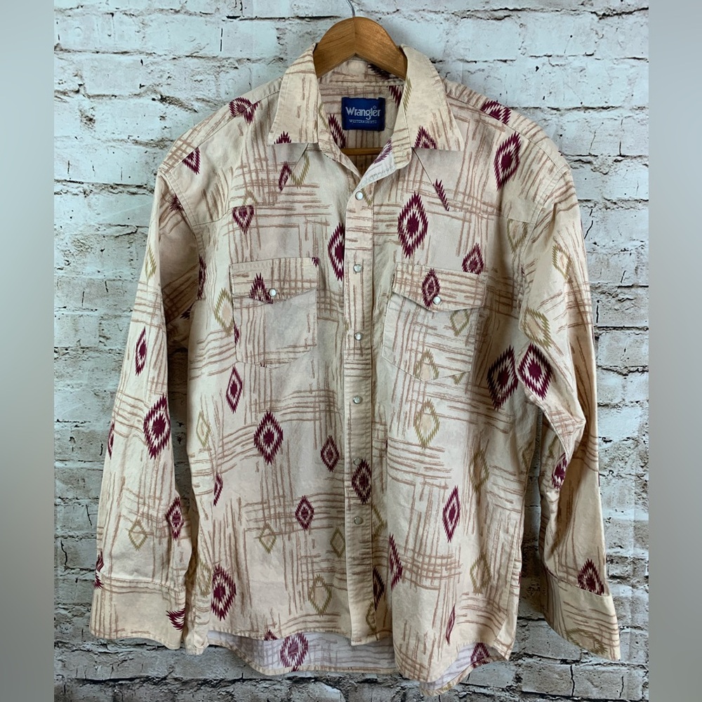 Vtg Wrangler Mens XL Western Shirt Cream Red Long Sleeve Button Down Pearl Snap
